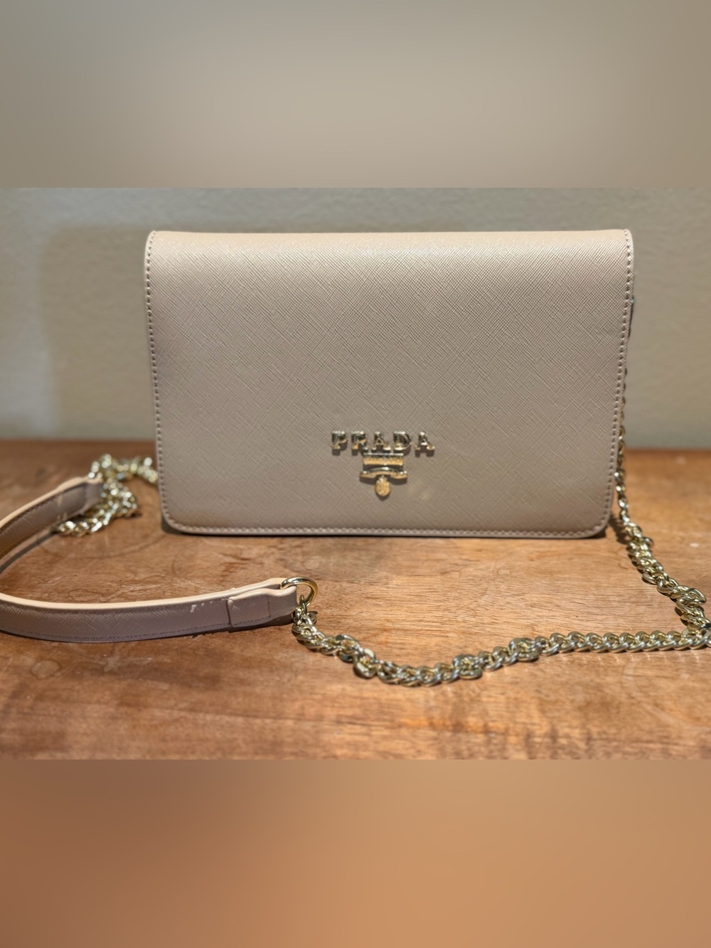 Prada Crossbody Chain Bag in Light Beige with Gold Hardware